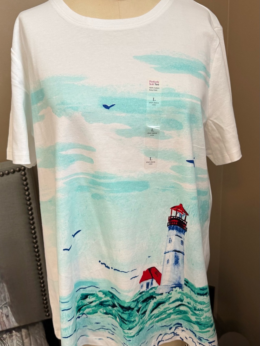 Kim Rogers White Short-Sleeve Lighthouse Graphic Tee with Red and Aqua Accents